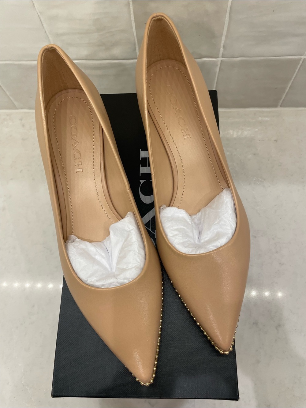 NWT Coach Nude/Tan Pointed Toe Low Block Heel Pumps with Gold Stud Trim - Picture 3 of 5